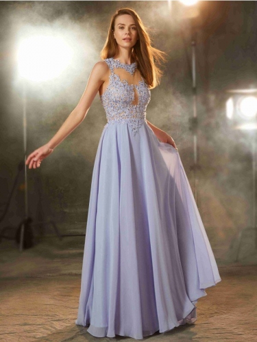 A-Line/Princess Scoop Sleeveless Floor-Length Applique Chiffon Dresses