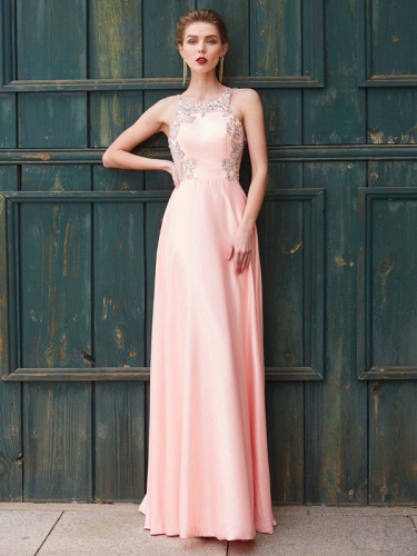 A-Line/Princess Scoop Beading Sleeveless Satin Floor-Length Dresses