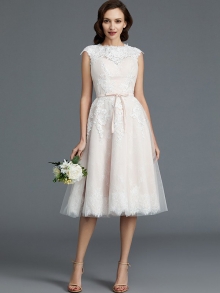 A-Line/Princess Sleeveless Bateau Knee-Length Tulle Wedding Dresses