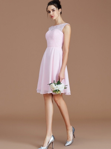 A-Line/Princess Bateau Sleeveless Lace Short/Mini Chiffon Bridesmaid Dresses