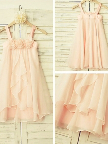 A-line/Princess Spaghetti Straps Sleeveless Ruffles Tea-Length Chiffon Flower Girl Dresses