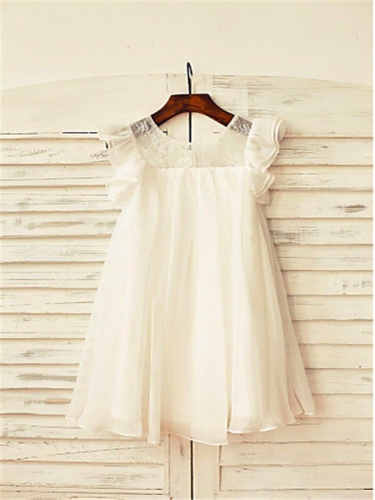 A-line/Princess Scoop Short Sleeves Lace Tea-Length Chiffon Flower Girl Dresses