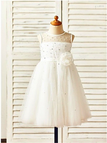 A-line/Princess Scoop Sleeveless Tea-Length Hand-made Flower Tulle Flower Girl Dresses