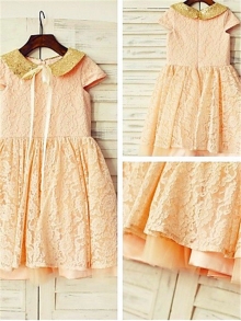 A-line/Princess Short Sleeves Scoop Sequin Tea-Length Lace Flower Girl Dresses