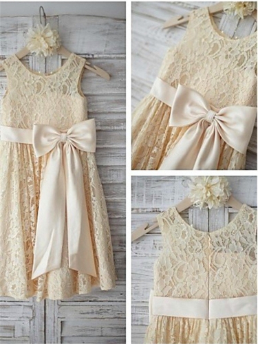 A-line/Princess Sleeveless Scoop Bowknot Floor-Length Lace Flower Girl Dresses