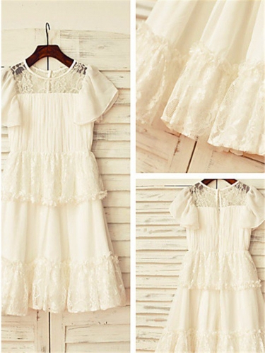 A-line/Princess Scoop Short Sleeves Lace Floor-Length Chiffon Flower Girl Dresses