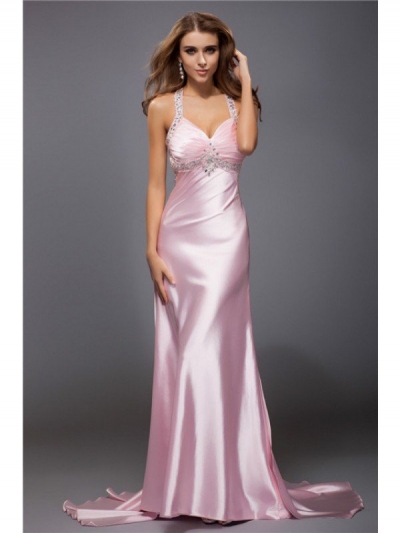 Sheath/Column Spaghetti Straps Beading Sleeveless Long Elastic Woven Satin Dresses