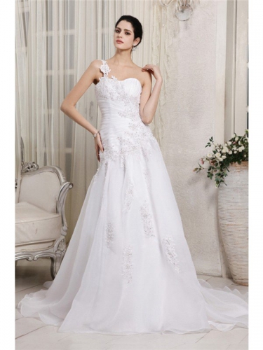 A-Line/Princess One-Shoulder Sleeveless Beading Applique Long Organza Wedding Dresses