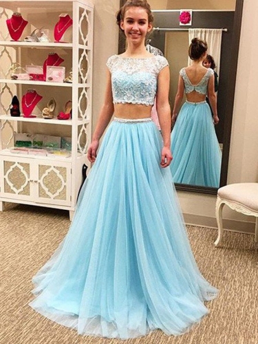 A-Line/Princess Scoop Sleeveless Floor-Length Beading Tulle Two Piece Dresses