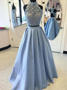 Ball Gown High Neck Sleeveless Floor-Length Applique Satin Two Piece Dresses