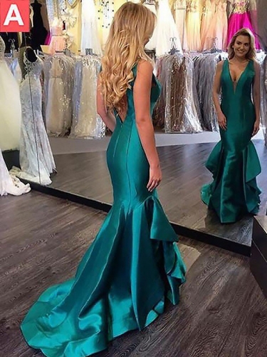 Trumpet/Mermaid Sleeveless V-Neck Satin Layers Sweep/Brush Train Dresses