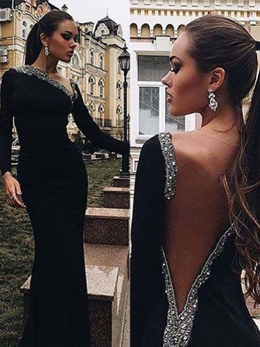 Trumpet/Mermaid Long Sleeves One-Shoulder Satin Beading Sweep/Brush Train Dresses