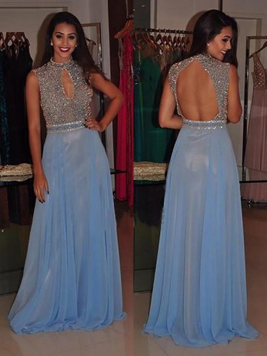 A-Line/Princess High Neck Sleeveless Sweep/Brush Train Beading Chiffon Dresses