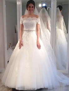 Ball Gown Off-the-Shoulder Short Sleeves Tulle Sweep/Brush Train Wedding Dresses