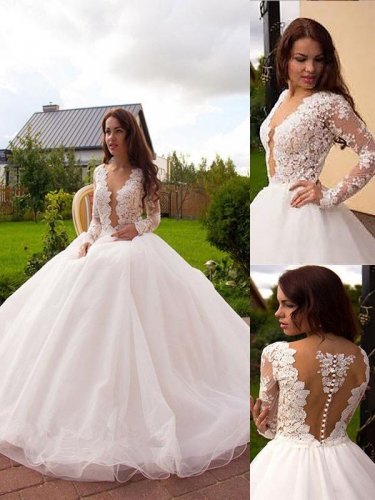 Ball Gown V-neck Tulle Long Sleeves Court Train Wedding Dresses