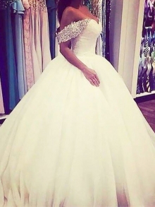 Ball Gown Tulle Off-the-Shoulder Sweep/Brush Train Sleeveless Beading Wedding Dresses