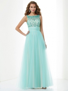 A-Line/Princess Bateau Sleeveless Beading Long Elastic Woven Satin Dresses