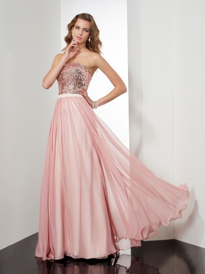 A-Line/Princess Strapless Sleeveless Paillette Long Chiffon Dresses [40293]