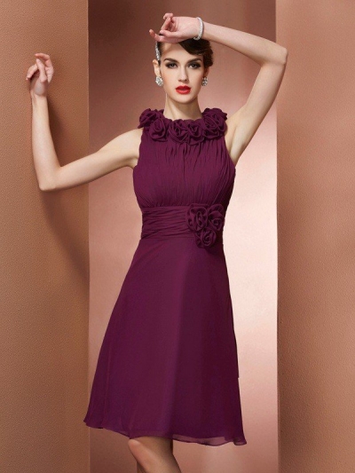 A-Line/Princess High Neck Sleeveless Hand-Made Flower Short Chiffon Bridesmaid Dresses [40497]