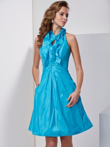 A-Line/Princess Halter Sleeveless Ruffles Short Taffeta Homecoming Dresses