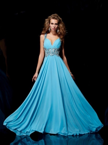 A-Line/Princess Straps Sleeveless Beading Long Chiffon Dresses