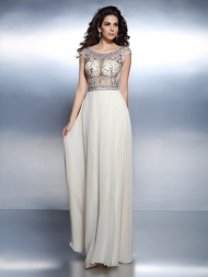 A-Line/Princess Bateau Beading Short Sleeves Long Chiffon Dresses...