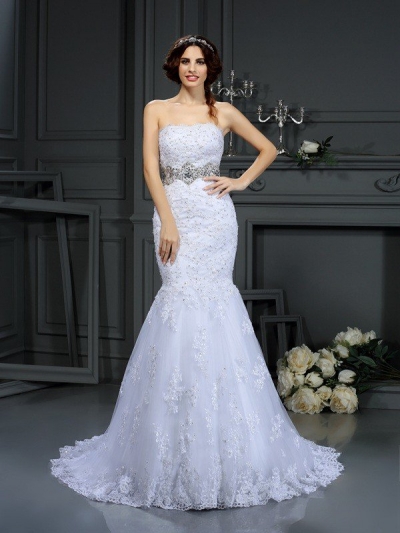 Trumpet/Mermaid Strapless Beading Sleeveless Long Lace Wedding Dresses [50063]