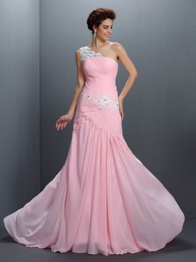 A-Line/Princess One-Shoulder Beading Sleeveless Applique Long Chiffon Dresses [50178]