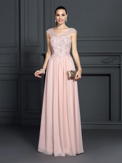 A-Line/Princess Straps Applique Sleeveless Long Chiffon Dresses [50226]