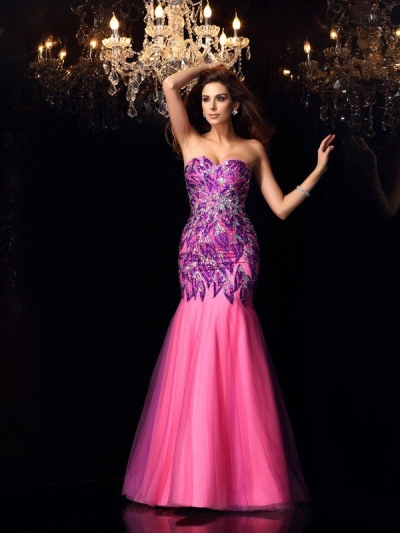 Trumpet/Mermaid Sweetheart Beading Sleeveless Long Net Dresses [50248]