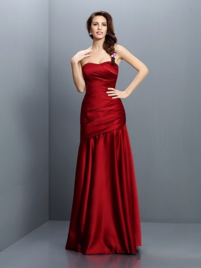 A-Line/Princess Strapless Ruched Sleeveless Long Satin Bridesmaid Dresses [50445]