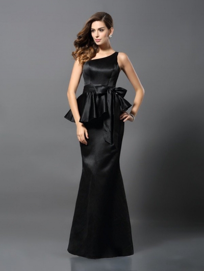 Trumpet/Mermaid One-Shoulder Bowknot Sleeveless Long Satin Dresses [50538]