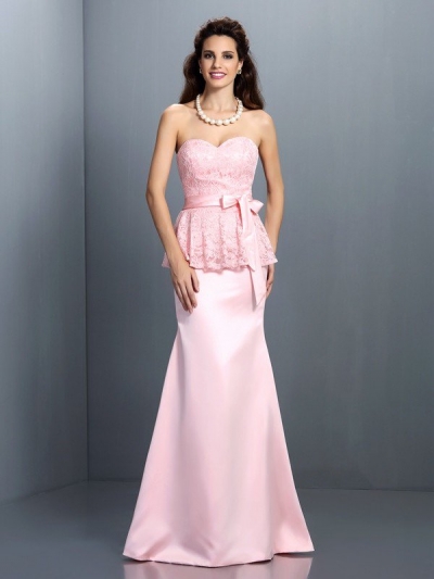 Trumpet/Mermaid Sweetheart Lace Sleeveless Long Satin Bridesmaid Dresses