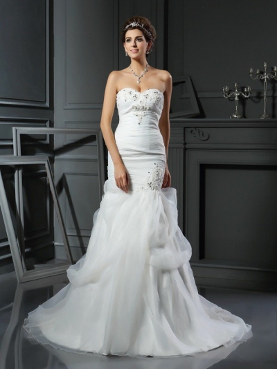 Trumpet/Mermaid Sweetheart Beading Sleeveless Long Net Wedding Dresses [51088]