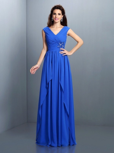 A-Line/Princess V-neck Beading Pleats Sleeveless Long Chiffon Dresses