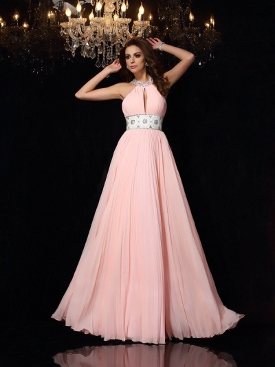 A-Line/Princess High Neck Pleats Sleeveless Long Chiffon Dresses