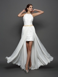 A-Line/Princess High Neck Lace Sleeveless Long Chiffon Wedding Dresses