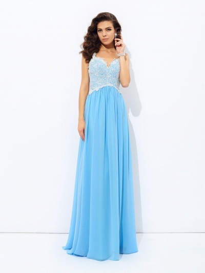 A-Line/Princess V-neck Lace Sleeveless Long Chiffon Dresses