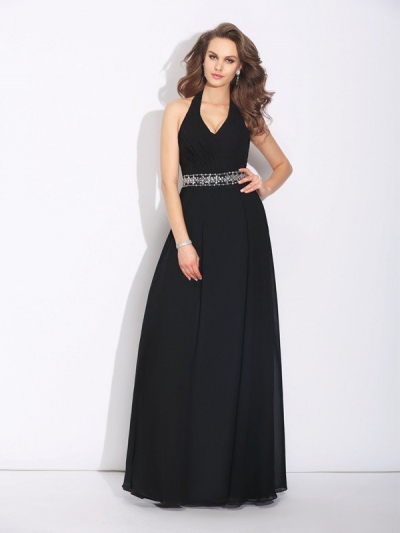 A-Line/Princess Halter Beading Sleeveless Long Chiffon Bridesmaid Dresses [60256]