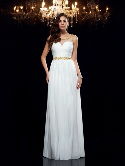 A-Line/Princess Sheer Neck Beading Sleeveless Long Chiffon Dresses