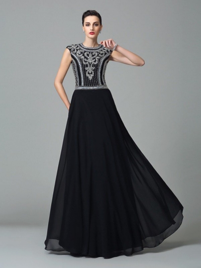 A-Line/Princess Jewel Beading Short Sleeves Long Chiffon Dresses [60562]