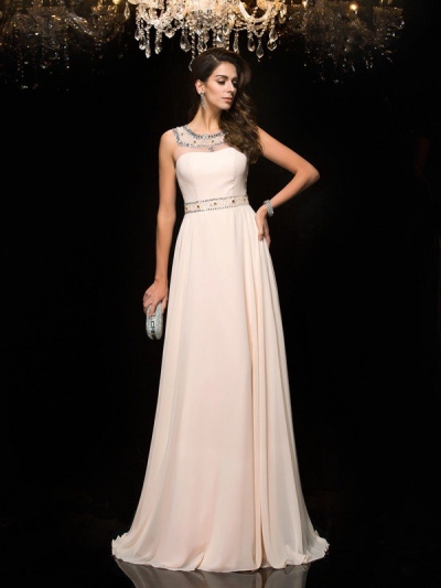 A-Line/Princess Scoop Beading Sleeveless Long Chiffon Dresses [60582]