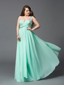 A-Line/Princess One-Shoulder Rhinestone Sleeveless Long Chiffon Plus Size Dresses