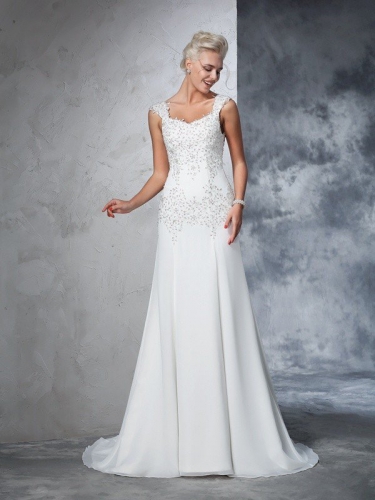 A-Line/Princess Straps Beading Sleeveless Long Chiffon Wedding Dresses