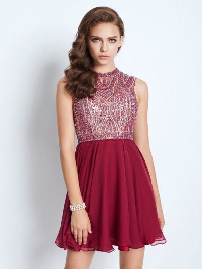 A-Line/Princess Jewel Sleeveless Chiffon Beading Short/Mini Dresses [63048]