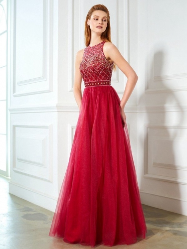 A-Line/Princess Scoop Sleeveless Floor-Length Beading Tulle Dresses