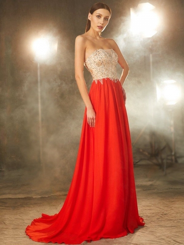 A-Line/Princess Strapless Beading Sleeveless Chiffon Sweep/Brush Train Dresses