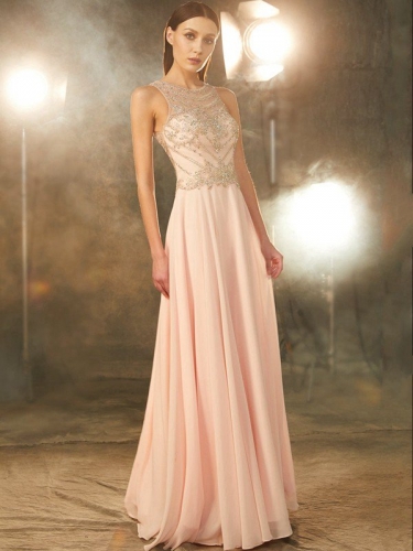 A-Line/Princess Scoop Sleeveless Chiffon Crystal Floor-length Dresses