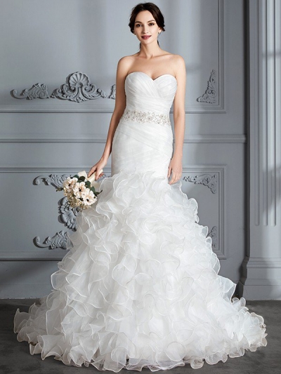 Trumpet/Mermaid Sweetheart Sleeveless Ruffle Sweep/Brush Train Satin Wedding Dresses [71018]