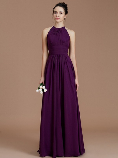 A-Line/Princess Halter Sleeveless Ruched Floor-Length Chiffon Bridesmaid Dresses [72011]